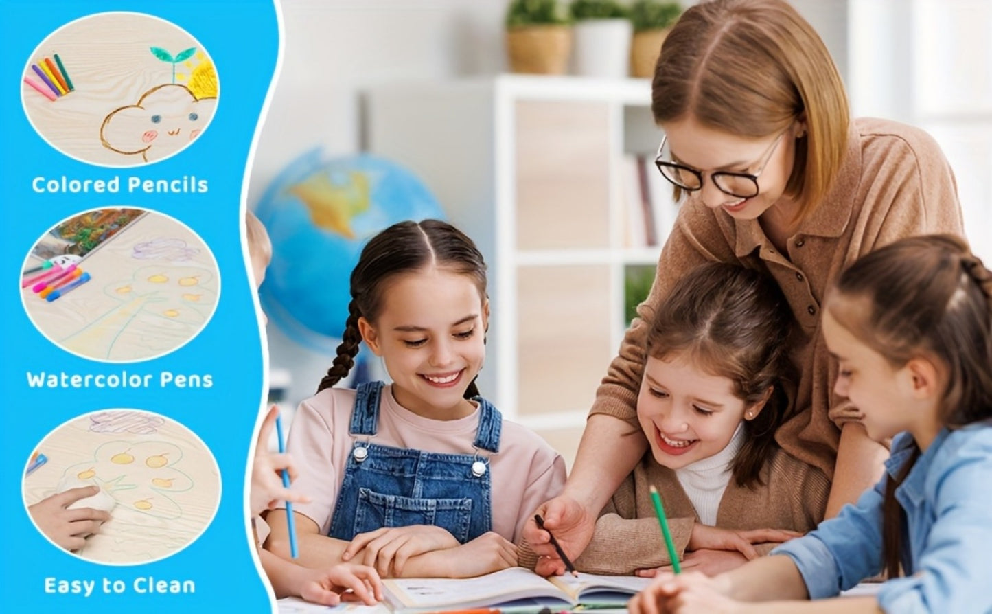 Kids Activity Table & 6 Chair Set, Height-Adjustable with Graffiti Desktop – Preschool Art Table for Reading, Drawing & Eating, Boys & Girls, 4 Colors