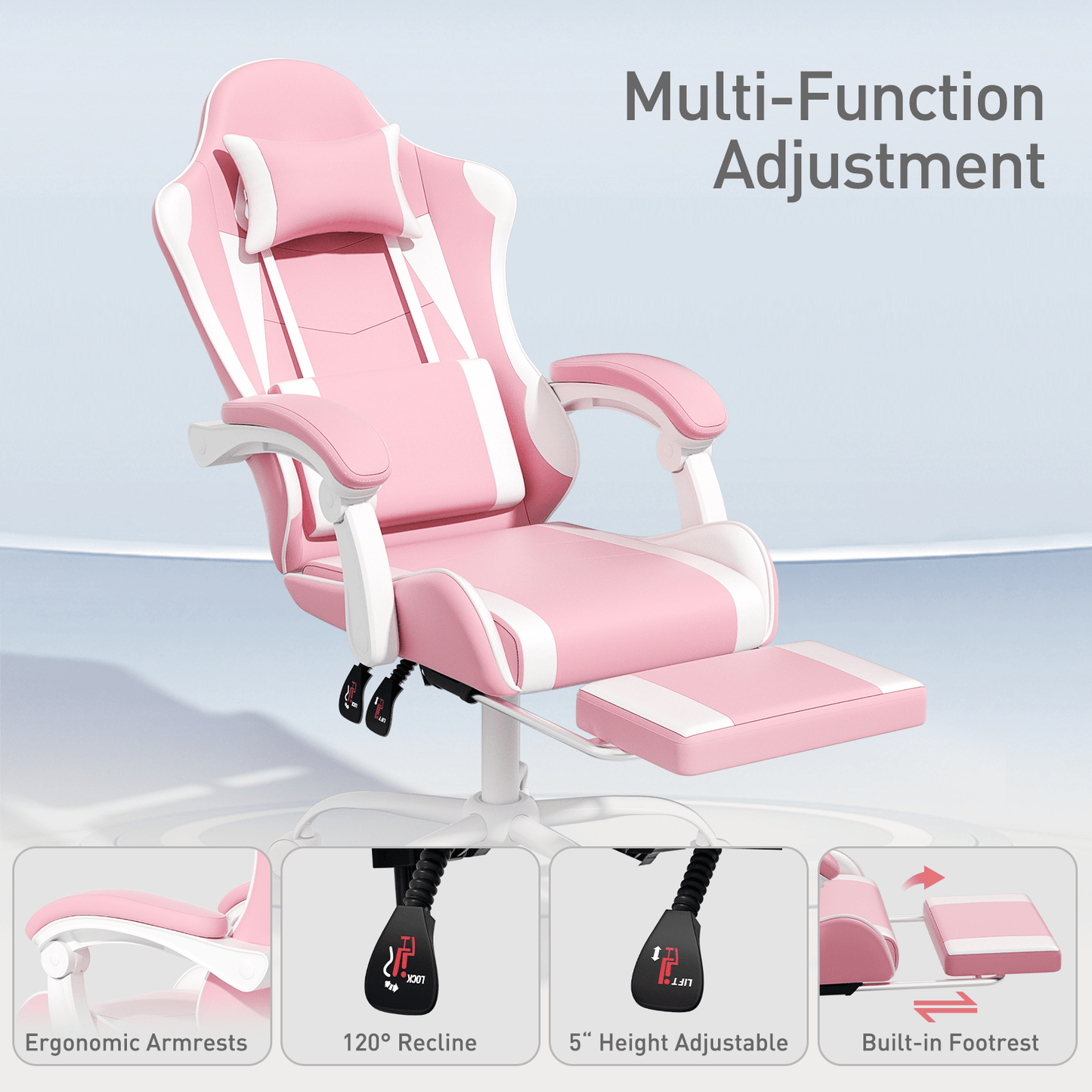 Ergonomic Gaming Chair with Retractable Footrest & Detachable Lumbar Support 360 Degree Swivel Racing Style PU Leather Computer Gaming Chair with Headrest for Home Bedroom Office