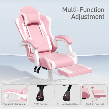 Ergonomic Gaming Chair with Retractable Footrest & Detachable Lumbar Support 360 Degree Swivel Racing Style PU Leather Computer Gaming Chair with Headrest for Home Bedroom Office