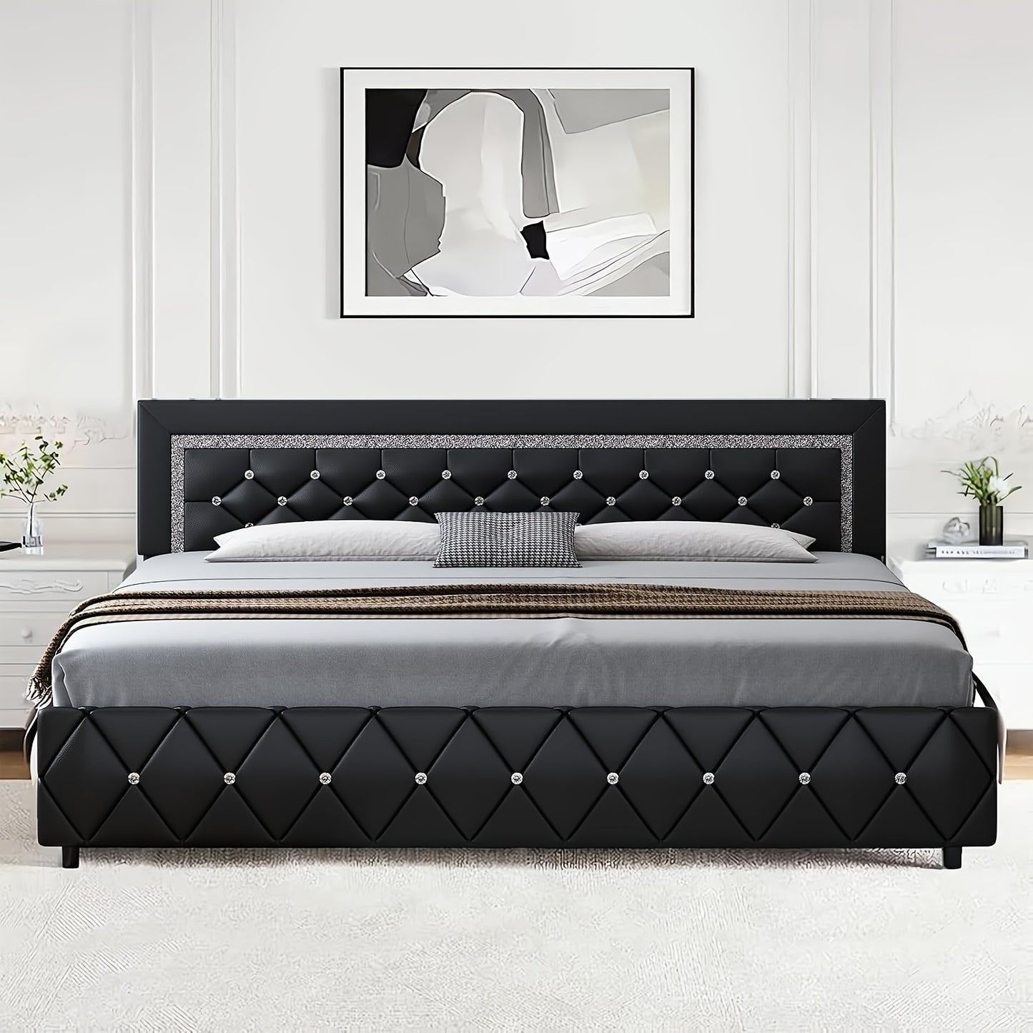 Upholstered Bed Frame With Diamond Tufted Headboard, Faux Leather Headboard & Footboard, Wooden Slats Support, No Box Spring Needed, Easy Assembly, Cozy Winter Gifts, Christmas Gift, Christmas Limited Edition, Festive Atmosphere, Black