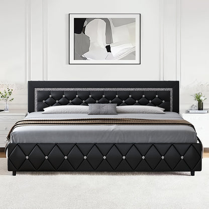 Upholstered Bed Frame With Diamond Tufted Headboard, Faux Leather Headboard & Footboard, Wooden Slats Support, No Box Spring Needed, Easy Assembly, Cozy Winter Gifts, Christmas Gift, Christmas Limited Edition, Festive Atmosphere, Black