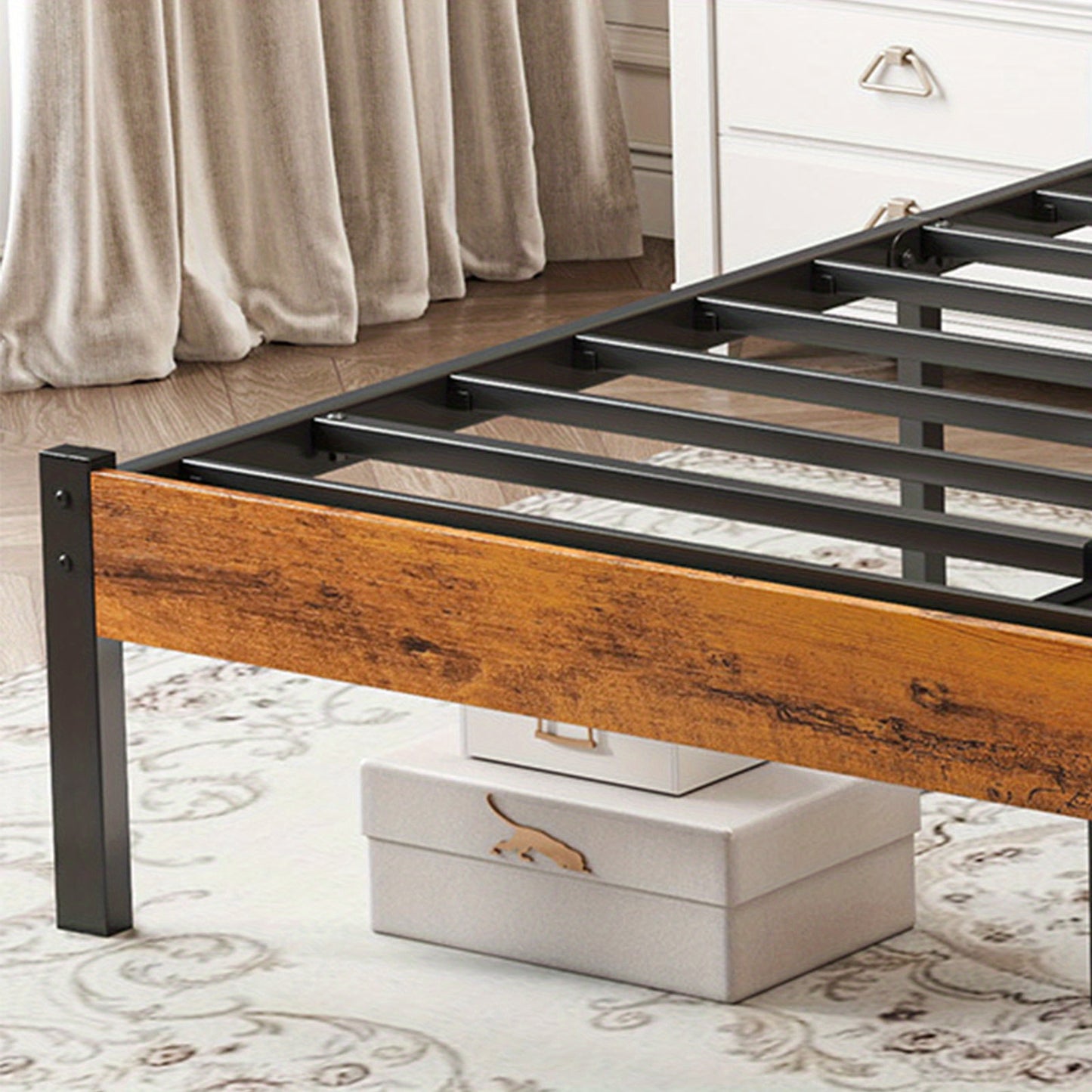 Metal Frame Bed Frame with Headboard, No Box Spring, Features Sturdy Wood Slats to Support 800 Lbs, Can Be Purchased Separately Or with a 2pcs Bedside Organizer (Fabric Drawer with 2 Storage Unit Compartments), Suitable for Bedroom, Living Room