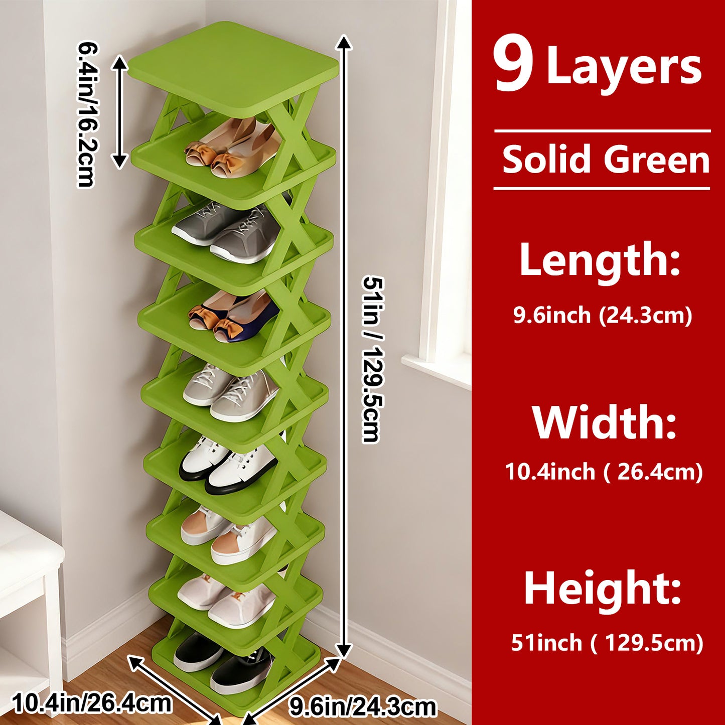 6/9 Tier Narrow Shoe Rack Give Away Shoehorns, Small Vertical Shoe Stand, Space Saving DIY Free Standing Shoes Storage Organizer for Entryway, Closet, Hallway, Easy Assembly and Stable in Structure, White and Green / Black / Blue
