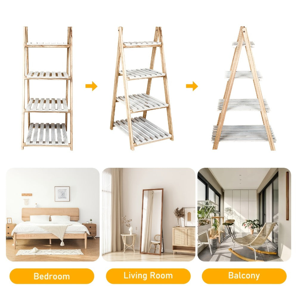 4-Tier Ladder Shelf, Wooden Plant Shelves, Ladder Bookshelf, Rustic Flower Display Rack, Wooden Display Shelves Plant Stand, Indoor Ladder Shelf For Living Room, Office, Bedroom