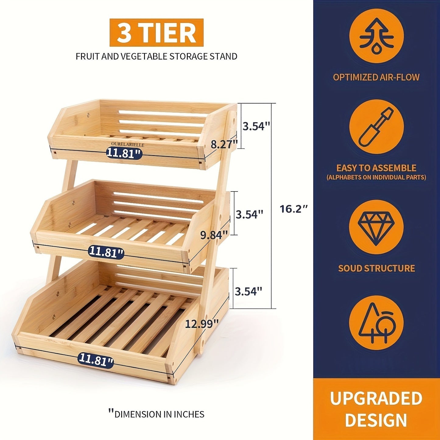 3-Layer Bamboo Fruit Basket Rack - Large Capacity Kitchen Storage Rack, Open Striped Design for Ventilation And Air Circulation, Natural Wooden Countertop Storage Rack, Suitable for Vegetables, Bread And Fresh Ingredients - Easy to Assemble, Durable