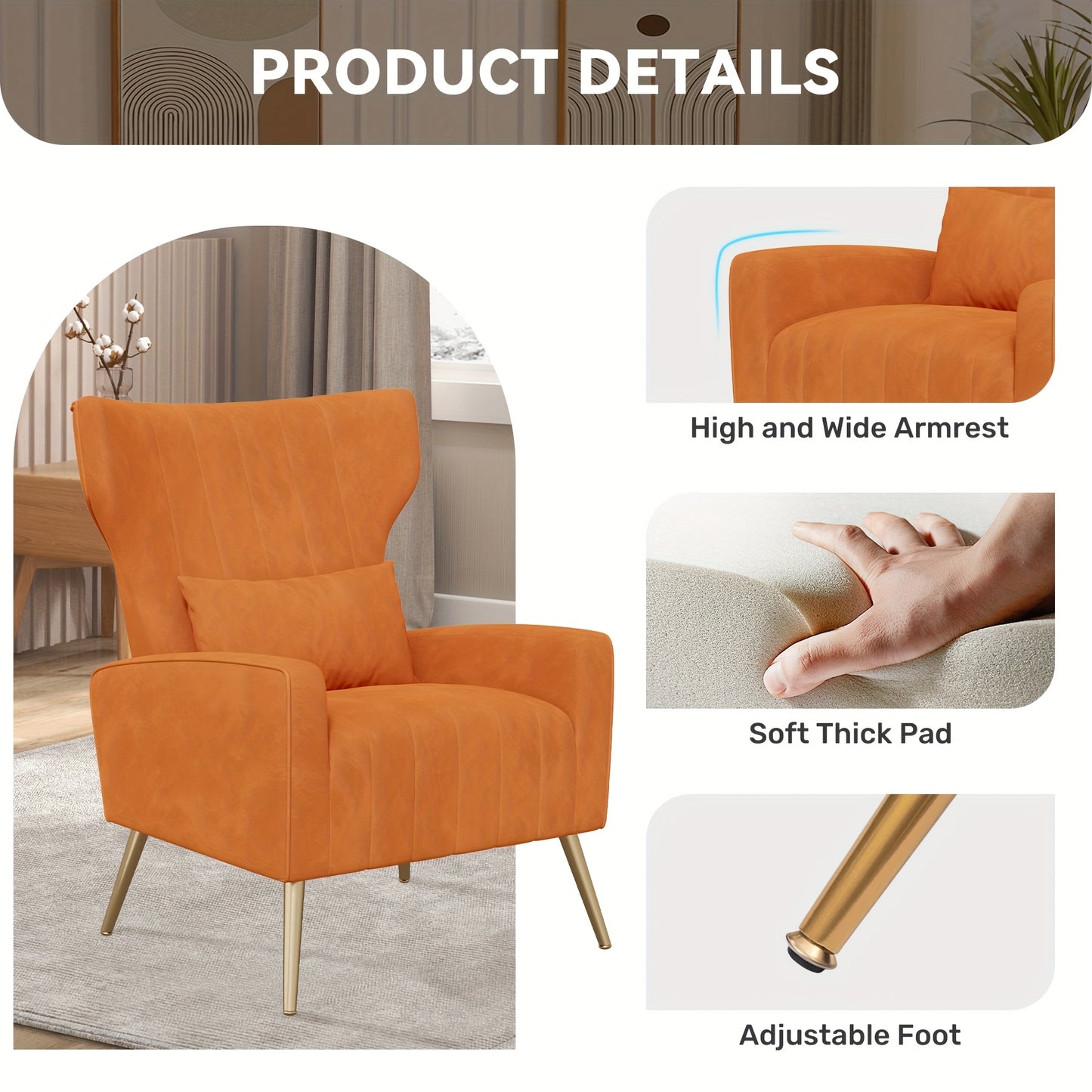 Velvet Fabric Upholstered Reading Comfy Mid Century Modern Armchair with Metal Legs And Spring Support, Accent Chair for Living Room