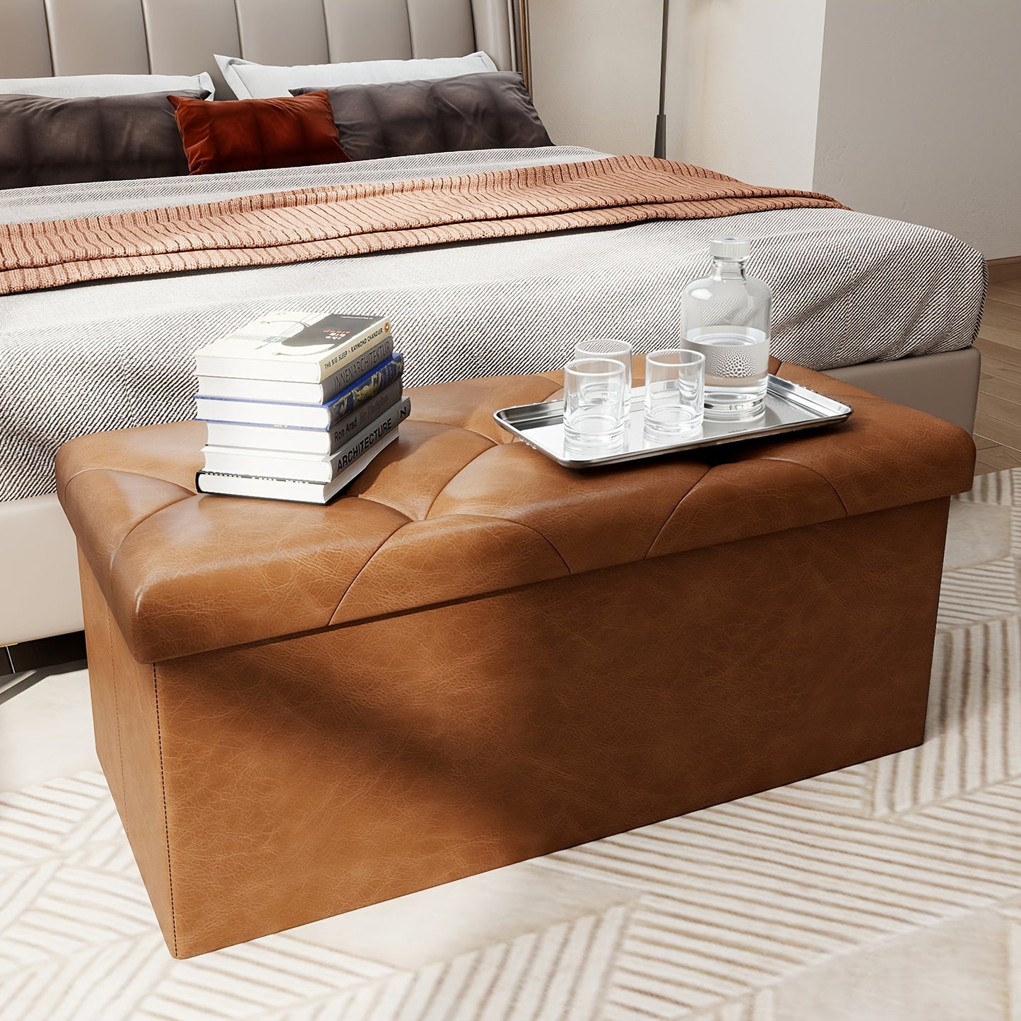 43-Inch Storage Pull-out Ottoman Bench with Hidden Compartment - Heavy-Duty Folding Stool, Soft Synthetic Leather Upholstery, Space-Saving Multi-Functional Footrest for Living Room, Bedroom, Office - 880 Weight Capacity