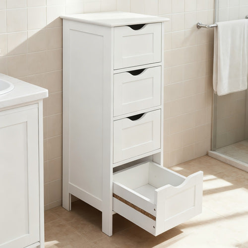 4 Drawer Storage Cabinet White Compact MDF Space Saving Drawer Unit for Bathroom Bedroom Closet Daily Organization