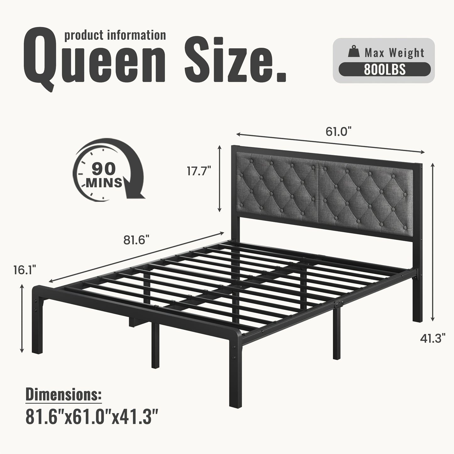 Upholstered Bed Frame with Button Tufted Headboard, Noise-Free Steel Slat Support with Silent Strips, 12.6" Under-Bed Storage Space, Sturdy Metal Platform Bed, Easy Assembly, No Box Spring Needed, Queen, Full, Twin