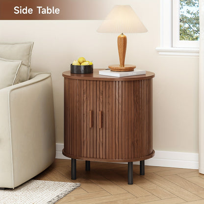 PAZCASA Oval End Table with Storage & Charging Station, Wood Accent Side Table with Sliding Door & Adjustable Shelf/Leg Pad, Mid Century-Modern Nightstand for Small Space, Living Room, Bedroom, 1pc/2pcs, Walnut/Black/Natural White/Oak