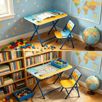 Foldable Kids Table & Chair Set with Cute Pattern, Sturdy Metal Frame Children's Desk for Writing, Drawing & Playtime