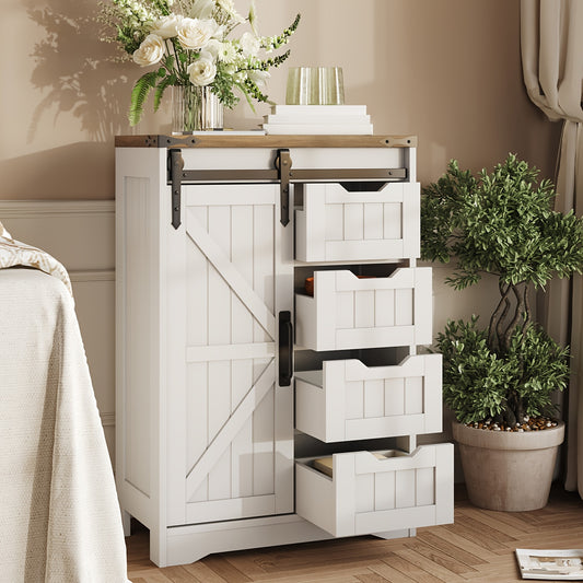 Farmhouse Bathroom Floor Storage Cabinet, Bathroom Cabinet with Drawer, 4 small drawers for easy sortingFloor Storage Cabinet, Farmhouse Storage Cabinet for Bathroom, Kitchen, Living Room, Rustic Style Cabinet, White