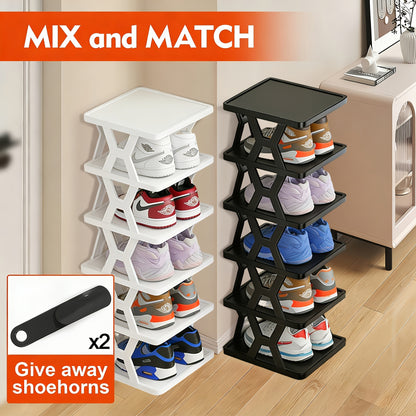 9/6-Tier Shoe Organizer - Comes with a Shoe Horn, Vertical Design, Perfect for Closets, Hallways, Bathrooms, Dorms, Storage And Organization, Stackable Plastic Shoe Organizer, Easy to Assemble