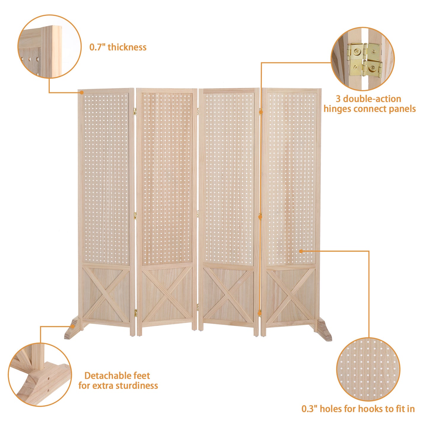 VINGLI 60''H Freestanding Pegboard, Wood Room Divider Display Board Organizer with Support Feet, Folding Privacy Screen Partition Space Separator for Craft Shows Events Retail
