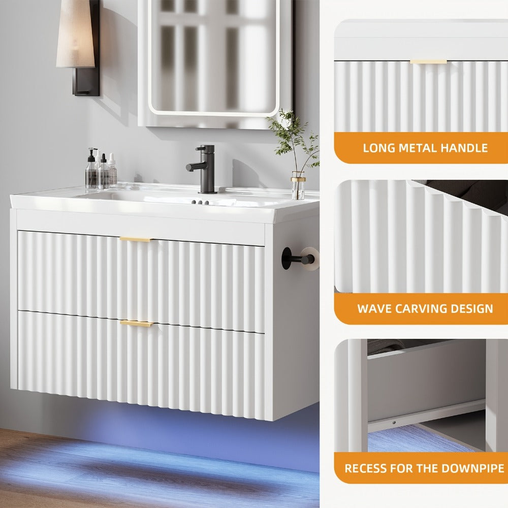 24 Inch Floating Bathroom Vanity with Sink & LED, Wall Mounted Cabinet with 3-Hole Ceramic Sink Wave Line Design 2 Soft-Close Drawers for Small Bathrooms Black White