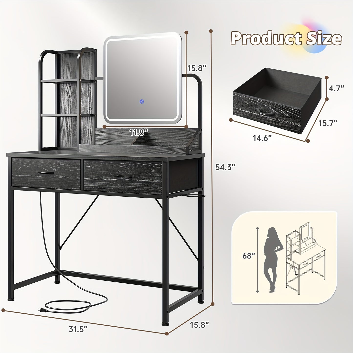 Vanity Desk with Lights - Makeup Vanity with Power Strip, 5 Large Drawers & 3 Lighting Color Adjustable Mirror, Dressing Table Set