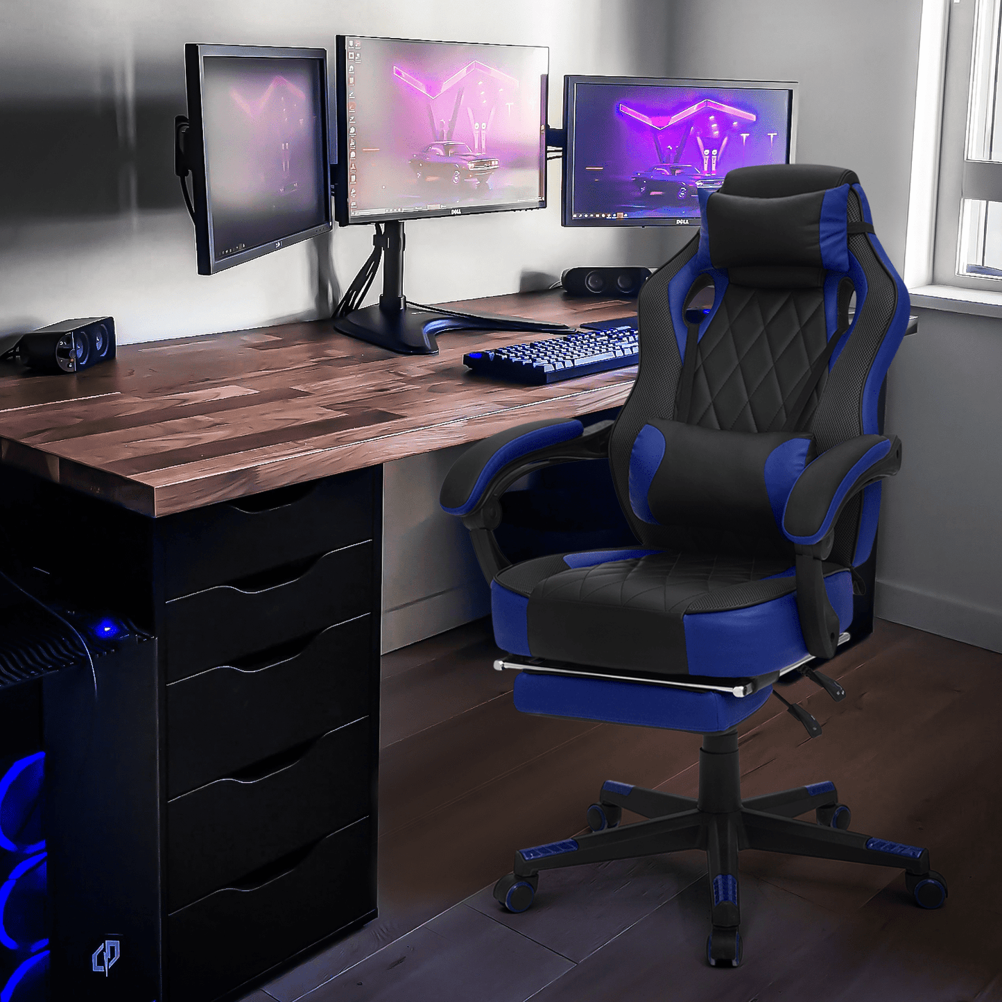 Ergonomic Gaming Chair with Retractable Footrest & Detachable Lumbar Support 360 Degree Swivel Racing Style PU Leather Computer Gaming Chair with Headrest for Home Bedroom Office