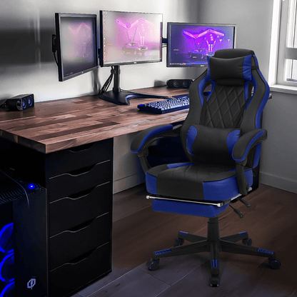 Ergonomic Gaming Chair with Retractable Footrest & Detachable Lumbar Support 360 Degree Swivel Racing Style PU Leather Computer Gaming Chair with Headrest for Home Bedroom Office
