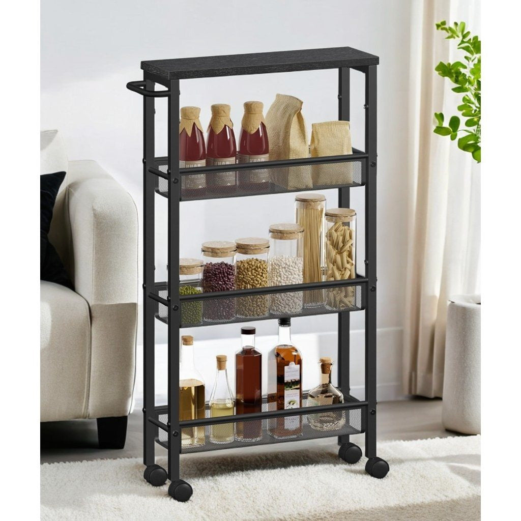 4-Tier Metal Kitchen Shelf With 360° Swivel Wheels,29.99"H x15.99"W x 4.99"D,Space-Saving, Ideal For Spices, Bottles, Snacks - Suitable For Kitchen, Living Room, Bedroom