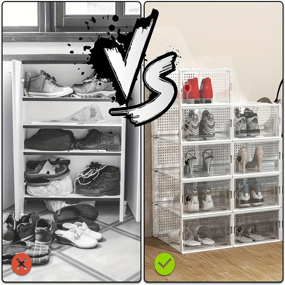 Stackable Shoe Organizer Boxes Clear Plastic with Lid 12/24 Pack, Interlocking Collapsible Shoe Containers for Closet Sneaker Storage, Drop Front Shoe Box in Black White Gray