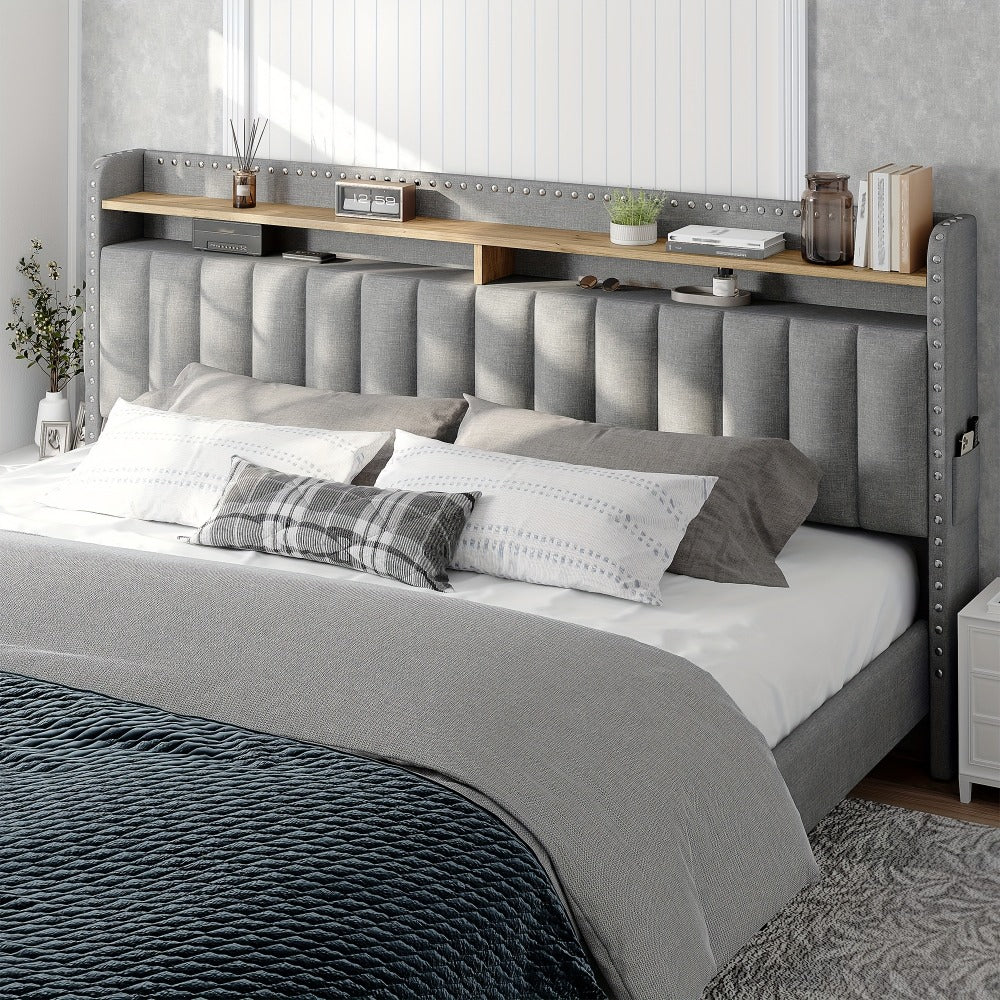 King Size Upholstered Bed Frame with Storage 2 Drawers 2-Tier Headboard Wood Slats No Box Spring Noise-Free Easy Assembly Modern Grey Beige
