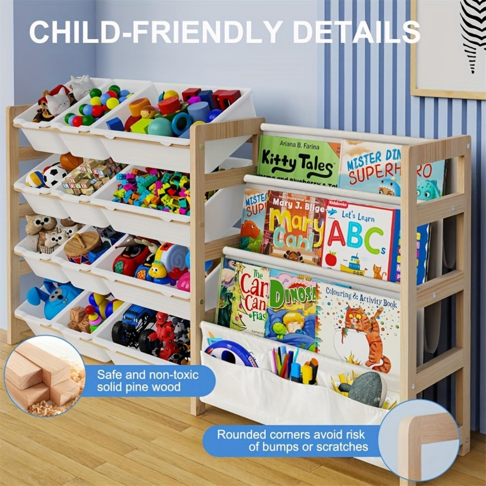 2in 1 Kids Bookshelf And Child Storage Organizer with 12 Bins And 4 Tier Book Shelf for Playroom, Classroom, Nursery Room, Bedroom, Kindergarten, School, Perfect Gift for Christmas, Halloween, Thanksgiving, Easy to Installation, Space Saving