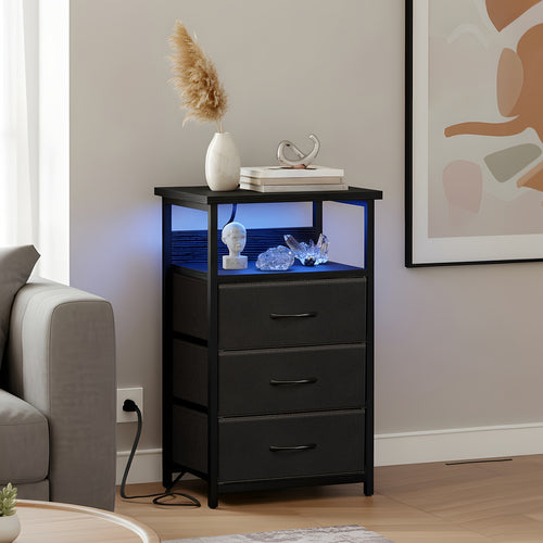 [Halloween Christmas] TOMNK Night Stand With Charging Station Set Of 1/2, Dresser For Bedroom With LED Light, Side Table With USB Port, 3/4 Fabric Drawers With PU End, For Small Spaces, Closet, School And Dormitory Storage, Entryway, For Halloween And Chr