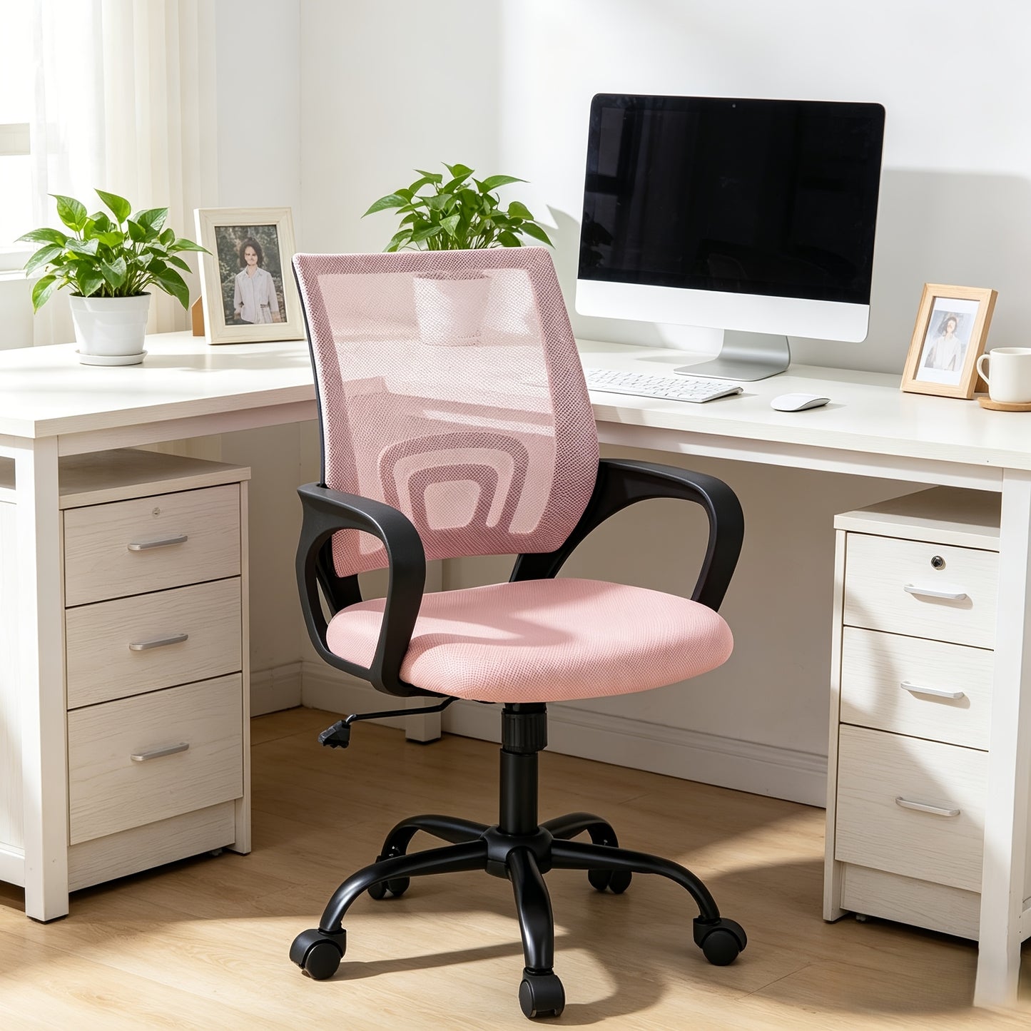 Height Adjustable Office Desk Chair with Lumbar Support Rocking Mode, Fixed Armrests, Swivel Computer Gaming Chair for Conference Meeting Rooms