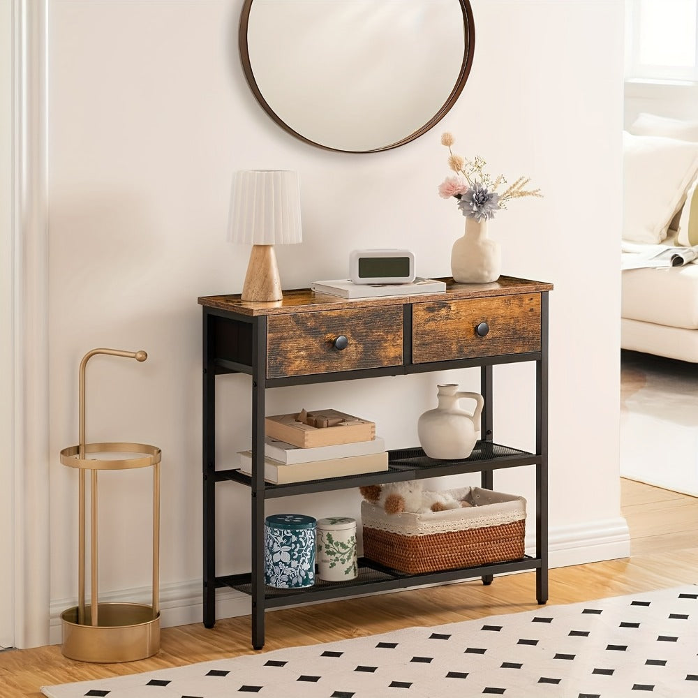 Narrow Console Table 29.5 Inch with 2 Fabric Drawers & 3-Tier Storage Shelves, Rustic Brown & Black Entryway Sofa Table for Living Room Hallway
