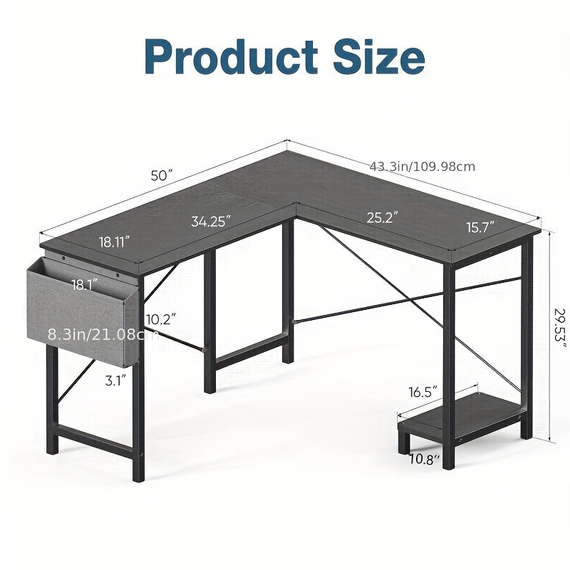 L-Shaped Computer Desk, Wooden Corner, PC Computer Desk with Storage Pocket for Home, Office And Game Room, Black