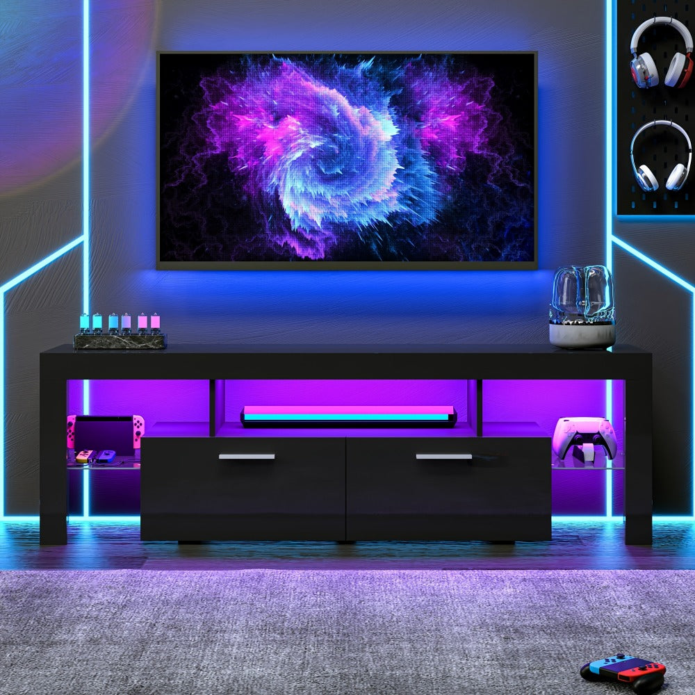 TV Stand with LED Lights & 2 Cabinets for 55 65 75 80 Inch TVs | 71" High Gloss Entertainment Center, Glass Shelves, Wood Media Console | Living Room Bedroom Gaming Room | White, Black or Marble