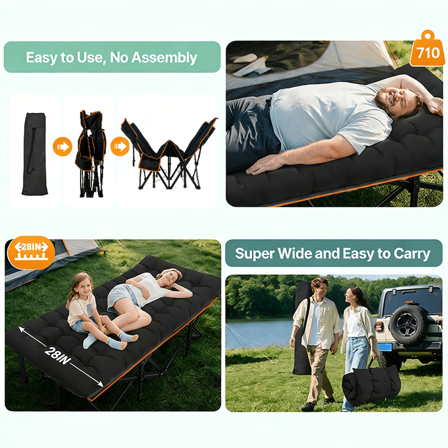 Bed Frame Sold Separately Adult Camping Bed 28in Wide Heavy Bed, Portable Folding Bed with Cushion, Pillow And Handbag, Camping Bed with Mattress, Sofa Bed, Companion Bed, Suitable for Office Nap, Beach, Yard, RV, Park. Includes100/510/710LBS