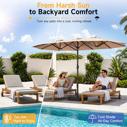 [Extra Large Shade Area] 1pc 15Ft Patio Umbrella with Base Included, Extra Large Shade Area, Double-Sided Rectangle with Crank Handle for Poolside, Garden, Yard, Beige/Blue/Red