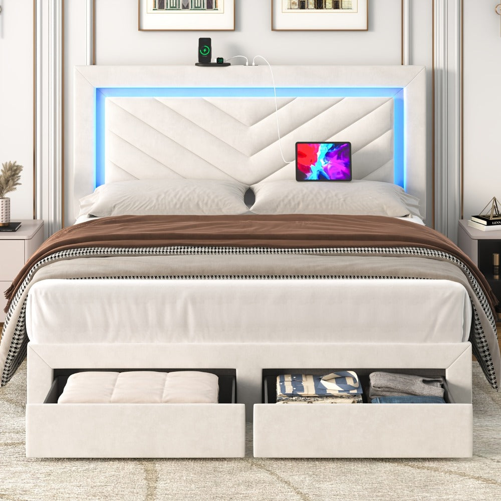 Upholstered Platform Bed Frame with LED Adjustable Headboard, Storage Drawers and Charging Station, No Box Spring Needed, Noise Free, Twin Full Queen, Off White Grey