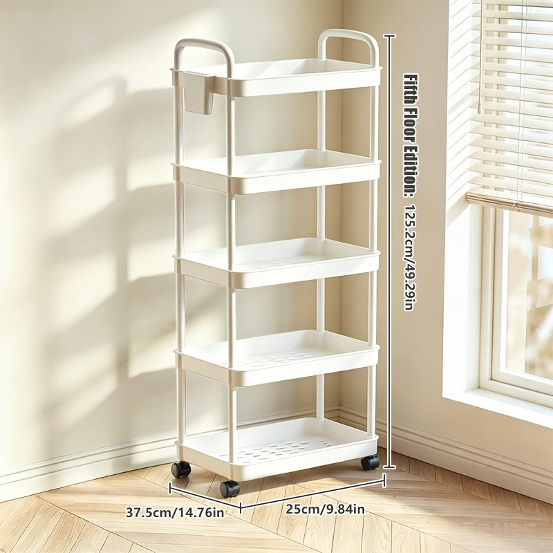 3/4/5-Tier Plastic Rolling Utility Cart with Handle, Multifunctional Storage Organizer with Plastic Shelf, Storage Cart for Kitchen, Bathroom, Living Room, Office, White