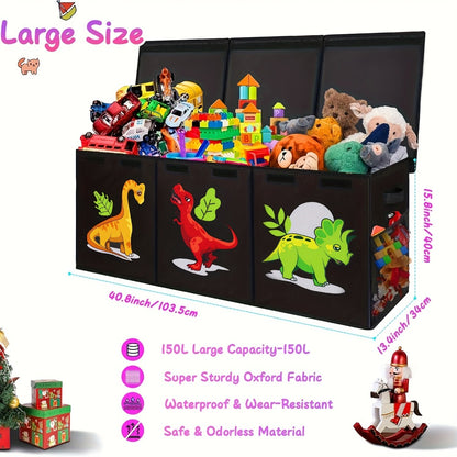 Extra Large Box, Collapsible Sturdy Storage Organizer With Lids, Dinosaur Box For 14+ Boys Girls, Chest Bin Baskets For Living Room, Playroom, Bedroom, Nursery, Black