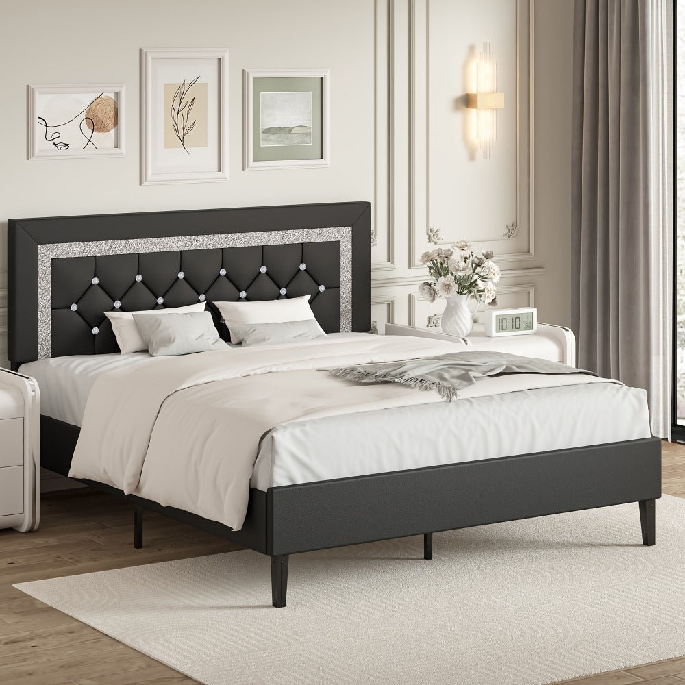Princess Bed Frame with Diamond Tufted Headboard Twin Full Queen Soft PU Leather Wood Slats 900 lbs Capacity Easy Assembly Bedroom Furniture Pink White Black