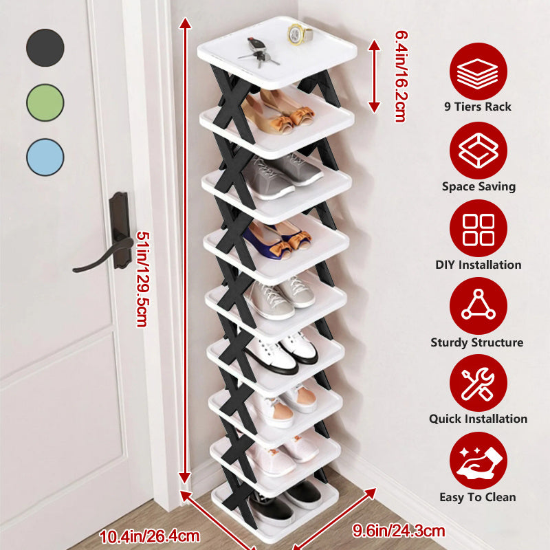 6/9 Tier Narrow Shoe Rack Give Away Shoehorns, Small Vertical Shoe Stand, Space Saving DIY Free Standing Shoes Storage Organizer for Entryway, Closet, Hallway, Easy Assembly and Stable in Structure, White and Green / Black / Blue