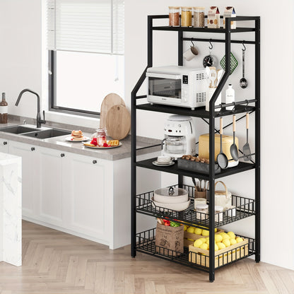 2026 New 5 Tier Kitchen Storage Rack, Bakers Rack, Microwave Oven Stand with 2 Large Wire Basket, Kitchen Utility Storage Shelf Organizer, Industrial Coffee Bar Station for Home Room Decor, Ideal Home Christmas Birthday Gifts for Men Women Friends