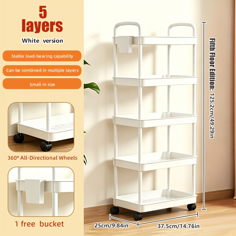3/4/5-Tier Plastic Rolling Utility Cart with Handle, Multi-Functional Storage Trolley for Office, Living Room, Kitchen, Movable Storage Organizer with Wheels, White