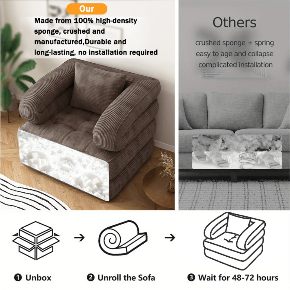 Convertible Sofa Bed No Assembly Required, Multi-Position High-Density Sponge Corduroy Sofa for Small Spaces Bedroom Apartment RV, Lazy Lounger Movie Sofa