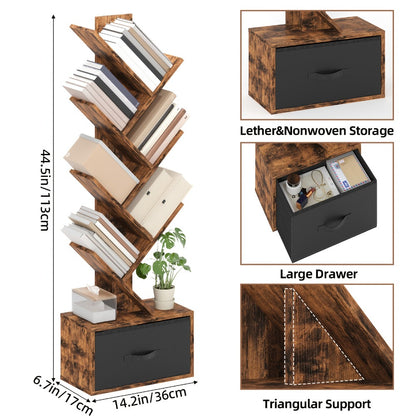 6-Tier Tree Shaped Bookshelf with Drawer – Rustic Brown Wood Book Storage Shelf for Living Room, Bedroom & Home Decor, Freestanding Display Organizer for Books, CDs & Movies