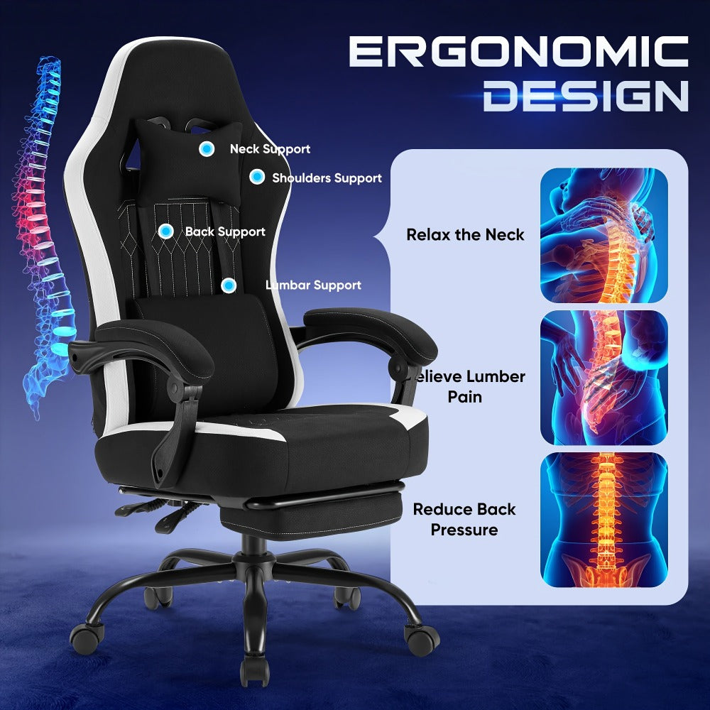 Ergonomic Computer Gaming Chair with Footrest, Lumbar Support & Headrest – Height Adjustable Office Chair with Armrests & Rollers, Black, Light Green, Blue
