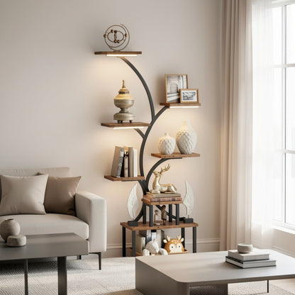 LED Corner Display Stand Bookcase 8-Tier 62" Tree Shaped Plant Shelf Metal Shelving Unit for Living Room Bedroom Study Balcony Home Decor Gift