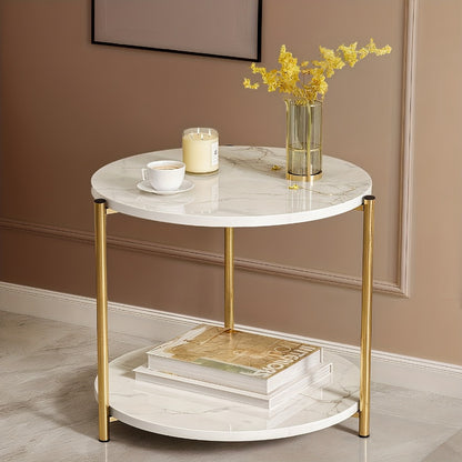 Round Coffee Table with Marble Pattern & Double-Layer Storage, Modern Glass Top Accent Table in White and Gold for Living Room or Bedroom