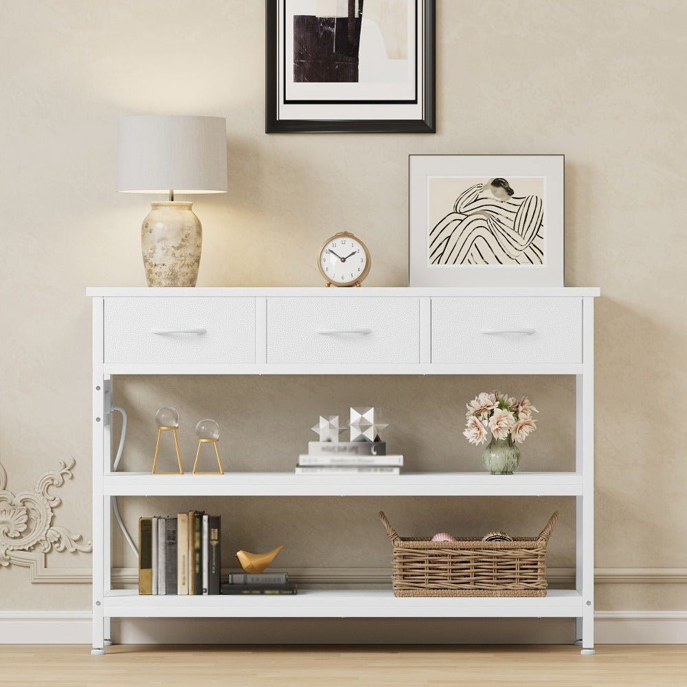 3-Tier Console Table with Charging Station 2 AC Outlets 2 USB Ports Fabric Drawers Open Shelves Narrow Entryway Sofa Table for Hallway Living Room Small Spaces