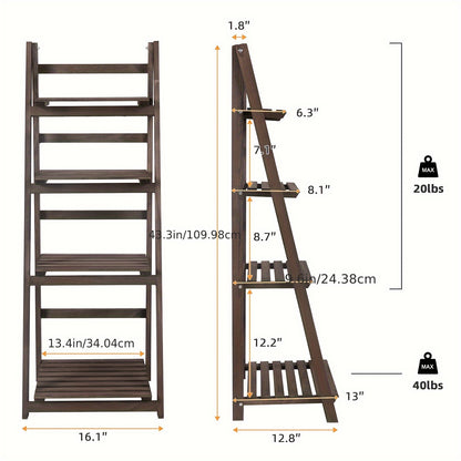 4-Tier Ladder Plants Display Stand Solid Wood Storage Shelf for Garden Patio Balcony Yard Living Room Foldable Corner Shelf