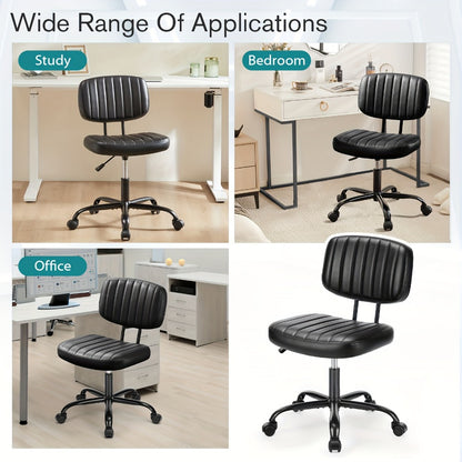 Armless Small Desk Chair with Memory Foam Seat – PU Leather Rolling Task Chair with Low Back Lumbar Support for Vanity, Bedroom, Living Room & Study, Brown, Beige, Black