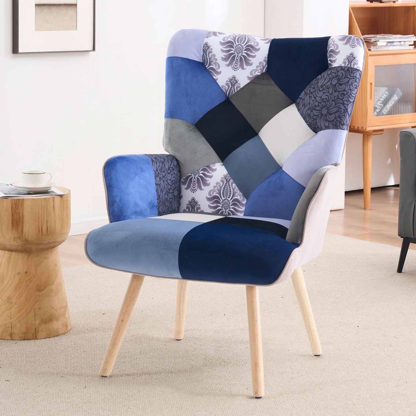 Patchwork Accent Chair High Back Armchair with Memory Foam Cushion & Hardwood Legs – 330 lbs Capacity Linen Upholstered Reading Chair for Living Room Bedroom Home Office, 6 Colors
