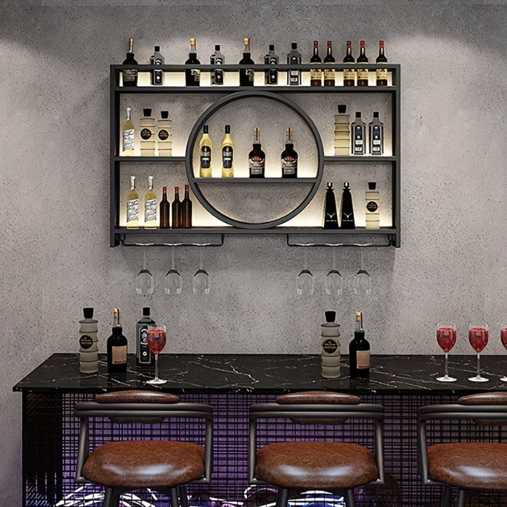 Wall Mounted Wine Rack with LED Lighting, 3-Tier Floating Bottle & Glass Holder Shelf, Iron Beverage Display Rack for Kitchen Living Room Bar, Gold & Black, 3 Sizes